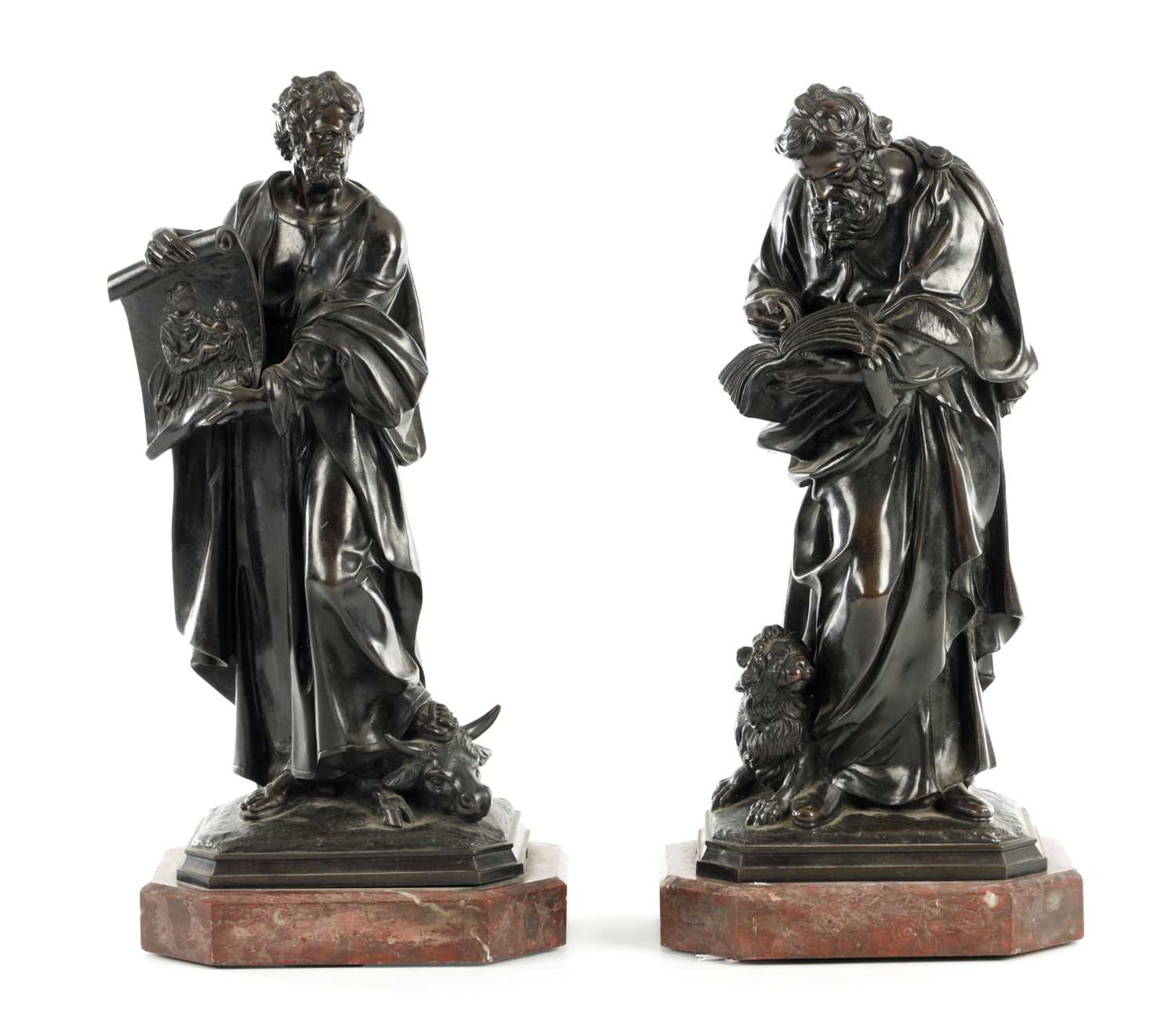 Lot 585 - A PAIR OF LATE 19TH CENTURY FRENCH PATINATED BRONZE FIGURES OF SAINT MARK AND SAINT LUKE ON ROUGE MARBLE BASES