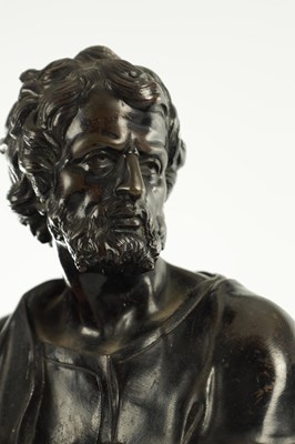 Lot 585 - A PAIR OF LATE 19TH CENTURY FRENCH PATINATED BRONZE FIGURES OF SAINT MARK AND SAINT LUKE ON ROUGE MARBLE BASES