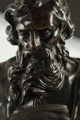 Lot 585 - A PAIR OF LATE 19TH CENTURY FRENCH PATINATED BRONZE FIGURES OF SAINT MARK AND SAINT LUKE ON ROUGE MARBLE BASES