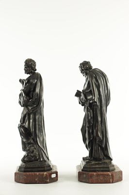 Lot 585 - A PAIR OF LATE 19TH CENTURY FRENCH PATINATED BRONZE FIGURES OF SAINT MARK AND SAINT LUKE ON ROUGE MARBLE BASES