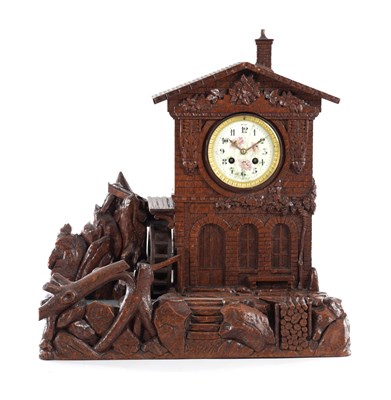 Lot 1294 - A LATE 19TH CENTURY BLACK FOREST CARVED WOOD WATER WHEEL AUTOMATON CLOCK