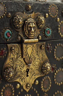 Lot 570 - A 19TH CENTURY CONTINENTAL LEATHER-COVERED AND STUDDED CASKET
