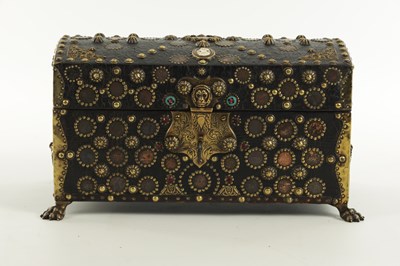 Lot 570 - A 19TH CENTURY CONTINENTAL LEATHER-COVERED AND STUDDED CASKET