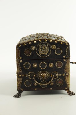 Lot 570 - A 19TH CENTURY CONTINENTAL LEATHER-COVERED AND STUDDED CASKET