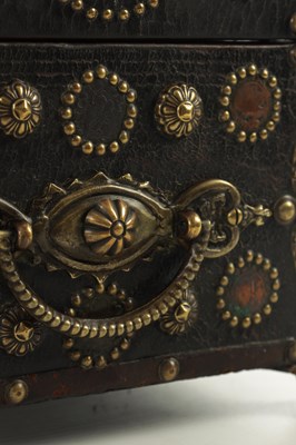 Lot 570 - A 19TH CENTURY CONTINENTAL LEATHER-COVERED AND STUDDED CASKET