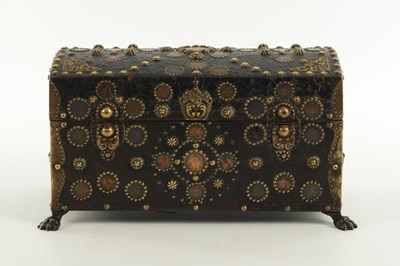 Lot 570 - A 19TH CENTURY CONTINENTAL LEATHER-COVERED AND STUDDED CASKET