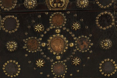 Lot 570 - A 19TH CENTURY CONTINENTAL LEATHER-COVERED AND STUDDED CASKET