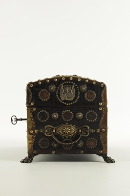 Lot 570 - A 19TH CENTURY CONTINENTAL LEATHER-COVERED AND STUDDED CASKET