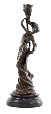 Lot 365 - MIGUEL FERNANDO LOPEZ REPRODUCTION. AN ART NOUVEAU BRONZE CANDLEHOLDER FIGURE