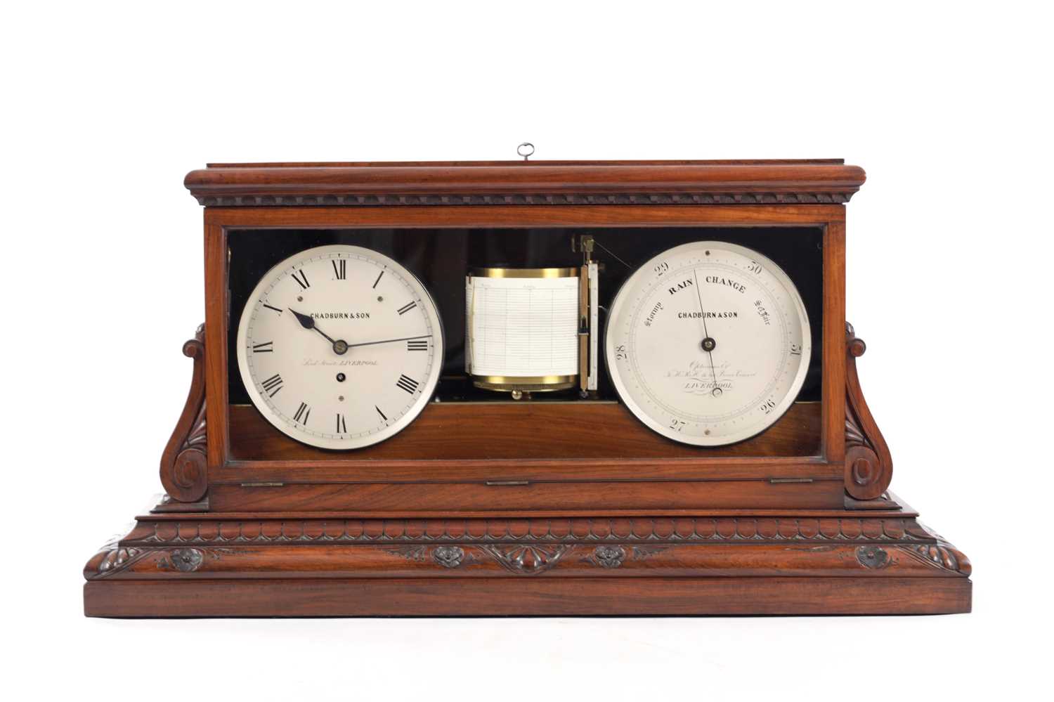 Lot 981 - CHADBURN AND SON, LIVERPOOL. A LATE 19TH CENTURY CARVED WALNUT WEATHER STATION