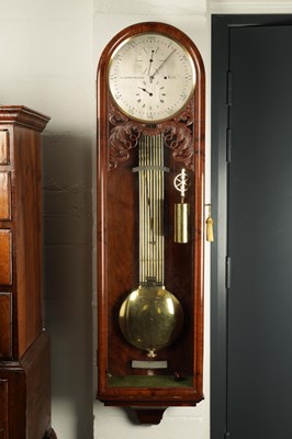 Lot 990 - GUSTAV HORSTMANN, BATH. A FINE MID 19TH CENTURY FIGURED MAHOGANY WALL REGULATOR CLOCK