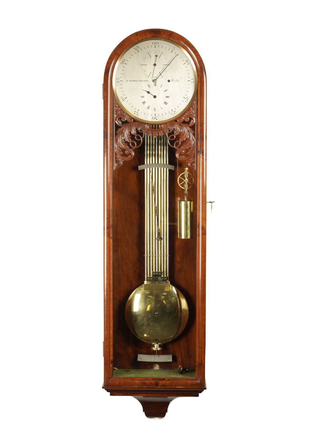 Lot 990 - GUSTAV HORSTMANN, BATH. A FINE MID 19TH CENTURY FIGURED MAHOGANY WALL REGULATOR CLOCK