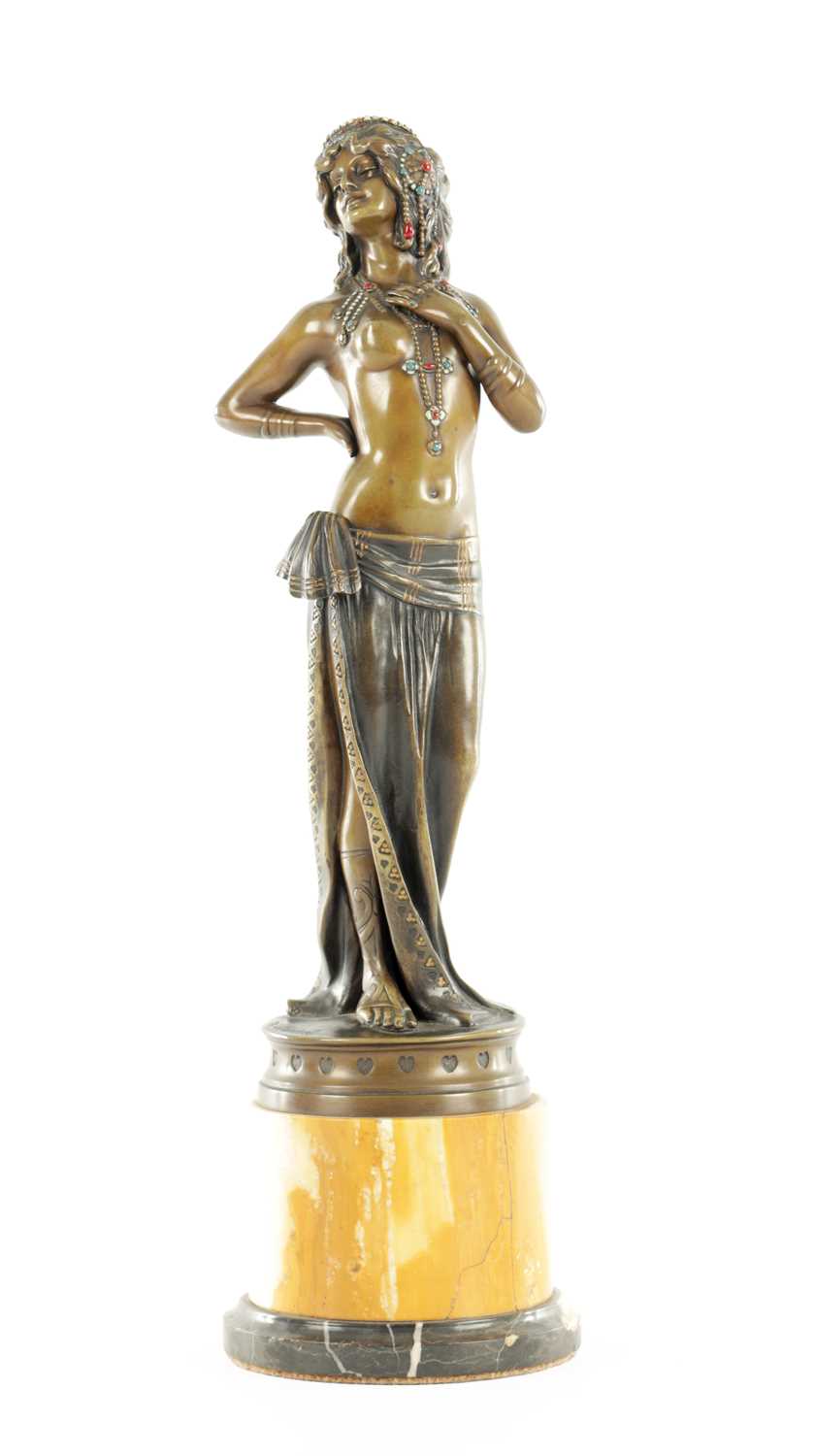 Lot 565 - AN ART DECO BRONZE SCULPTURE OF A SEMI-NUDE DANCER SIGNED PROFESSOR OTTO POERTZEL (1876-1963)