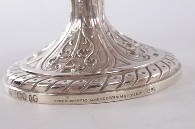 Lot 458 - JOHN SAMUEL HUNT, LONDON. A PAIR OF VICTORIAN SILVER AND RUBY GLASS TAZZAS