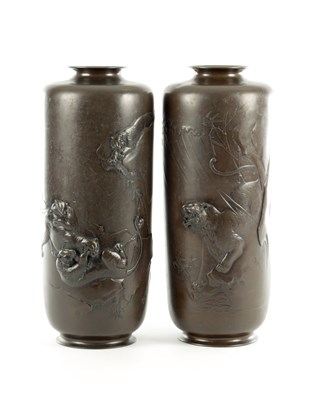 Lot 170 - A LARGE PAIR OF JAPANESE MEIJI PERIOD BRONZE VASES BY MIAYO