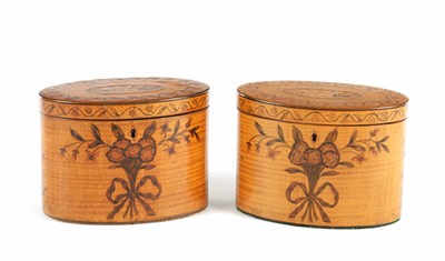 Lot 731 - A LATE 18TH CENTURY PAIR OF SATINWOOD OVAL TEA CADDIES