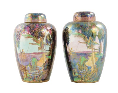 Lot 32 - A FINE PAIR OF 20TH CENTURY DAISY MAKEIG-JONES WEDGWOOD FAIRYLAND LUSTRE MALFREY GINGER JARS AND COVERS