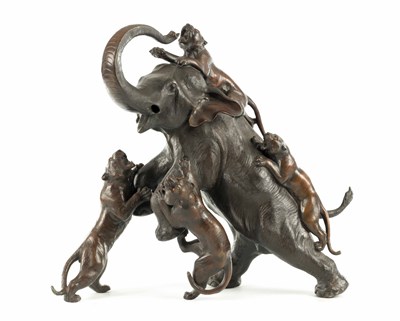 Lot 59 - AN IMPRESSIVE JAPANESE MEIJI PERIOD BRONZE ANIMAL SCULPTURE OF TIGERS AND AN ELEPHANT