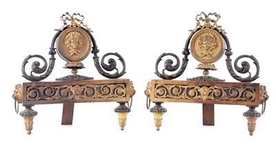 Lot 57 - A PAIR OF EARLY 19TH CENTURY FRENCH BRONZE AND GILT BRONZE CHENETS