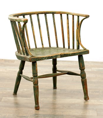 Lot 1165 - AN 18TH CENTURY GREEN PAINTED PRIMITIVE CORNISH STICK BACK CHAIR