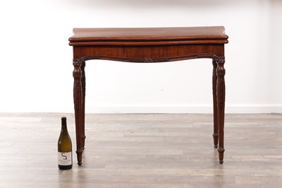 Lot 1202 - A GEORGE III SERPENTINE FRONTED CONCERTINA ACTION MAHOGANY CARD TABLE