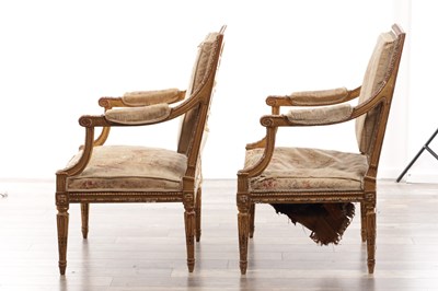 Lot 1206 - A PAIR OF 18TH CENTURY FRENCH CARVED GILT GESSO ARMCHAIRS UPHOLSTERED IN AUBUSSON TAPESTRIES