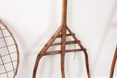Lot 583 - TWO 18TH CENTURY WOODEN PITCHFORKS AND A WIRE SOIL RIDDLE