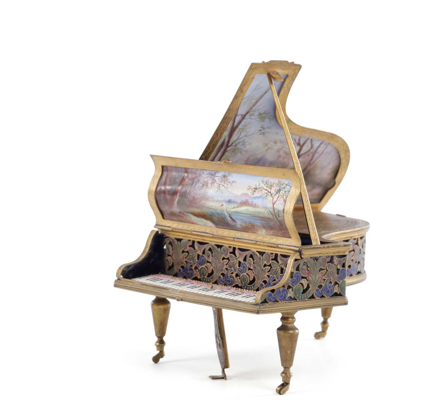 Lot 786 - A LATE 19TH CENTURY VIENNESE ENAMEL AND GILT BRASS GRAND PIANO FORM MUSIC BOX