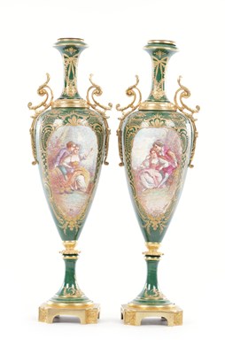Lot 14 - A PAIR OF LATE 19TH CENTURY SEVRES ORMOLU MOUNTED GREEN-GROUND VASES