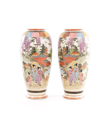 Lot 195 - A PAIR OF JAPANESE SATSUMA OVOID BALLUSTER VASES
