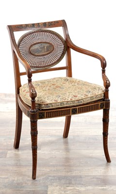 Lot A 19TH CENTURY SHERATON STYLE PAINTED SATINWOOD BERGERE ARMCHAIR