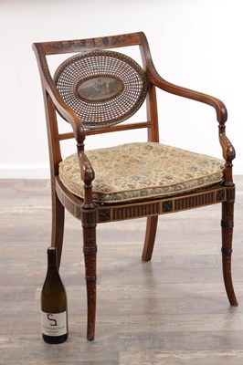 Lot A 19TH CENTURY SHERATON STYLE PAINTED SATINWOOD BERGERE ARMCHAIR