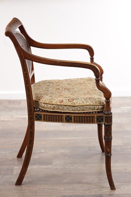 Lot A 19TH CENTURY SHERATON STYLE PAINTED SATINWOOD BERGERE ARMCHAIR