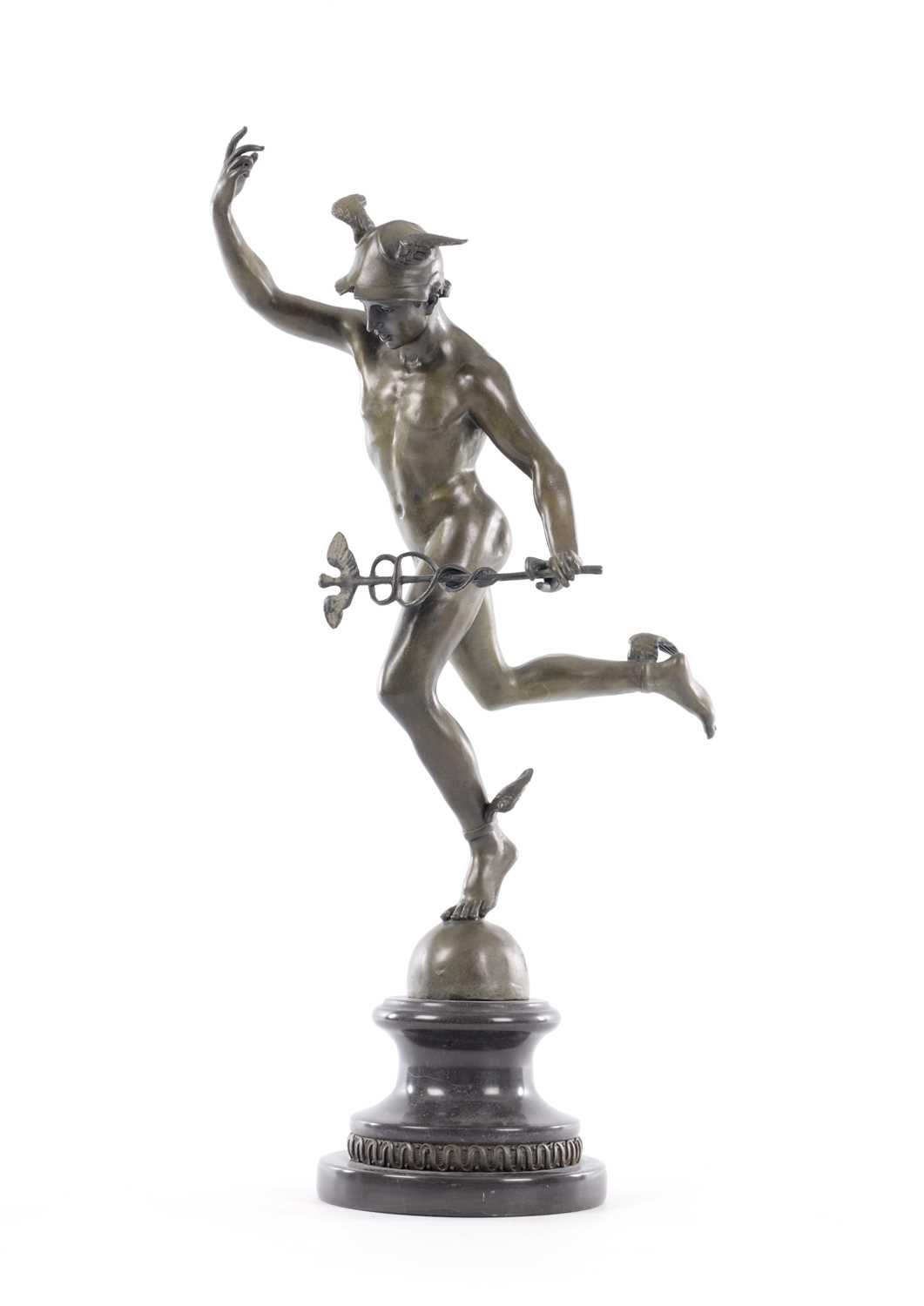 Lot 574 - A 19/20TH CENTURY ITALIAN BRONZE SCULPTURE OF FLYING MERCURY