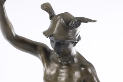 Lot 574 - A 19/20TH CENTURY ITALIAN BRONZE SCULPTURE OF FLYING MERCURY