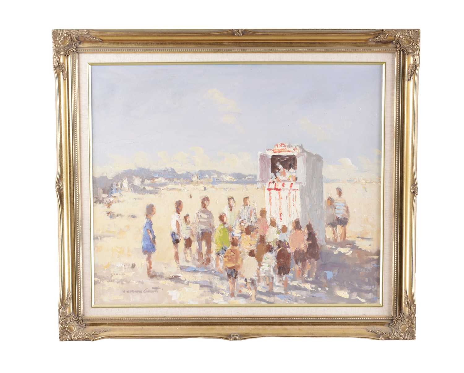 Lot 923 - WILLIAM NORMAN GAUNT (BRITISH 1918-2001) OIL ON BOARD DEPICTING CHILDREN WATCHING PUNCH AND JUDY