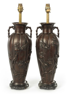 Lot 66 - A PAIR OF JAPANESE MEIJI PERIOD BRONZE TABLE LAMPS