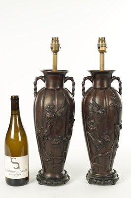 Lot 66 - A PAIR OF JAPANESE MEIJI PERIOD BRONZE TABLE LAMPS