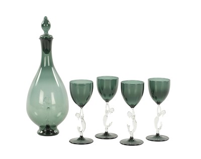 Lot 9 - LAUSCHA BIMINI A MID 20TH CENTURY GREEN GLASS DECANTER AND LIQUOR GLASSES
