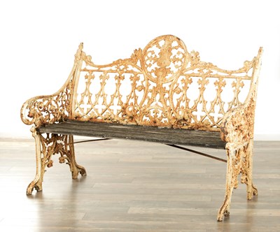 Lot 1154 - A 19TH CENTURY GOTHIC COALBROOKDALE STYLE CAST IRON PAINTED GARDEN BENCH