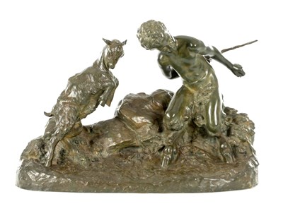 Lot 964 - JOSEPH D'ASTE (1881 - 1945). A LATE 19TH / EARLY 20TH CENTURY PATINATED BACCHANALIAN BRONZE SCULPTURE DEPICTING A SATYR WITH A GOAT