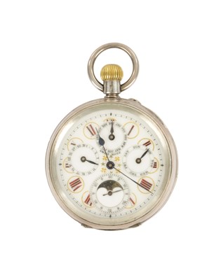Lot 308 - A LATE 19TH CENTURY SWISS TRIPLE CALENDAR MOONPHASE OPEN FACE SILVER POCKET WATCH