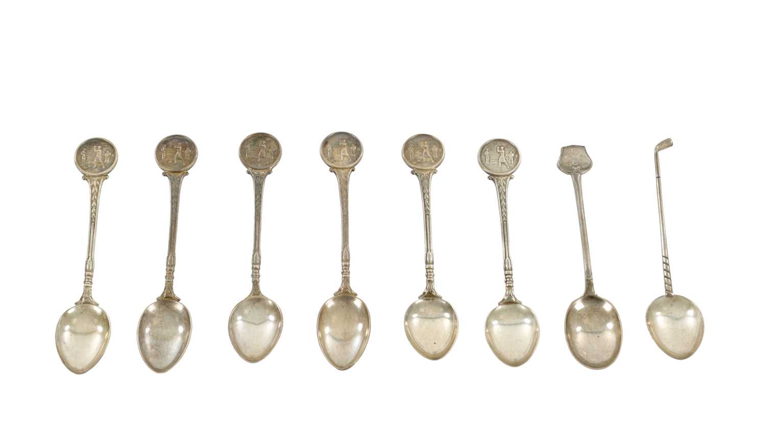 Lot 382 - A SET OF EIGHT SILVER GOLFING TEASPOONS