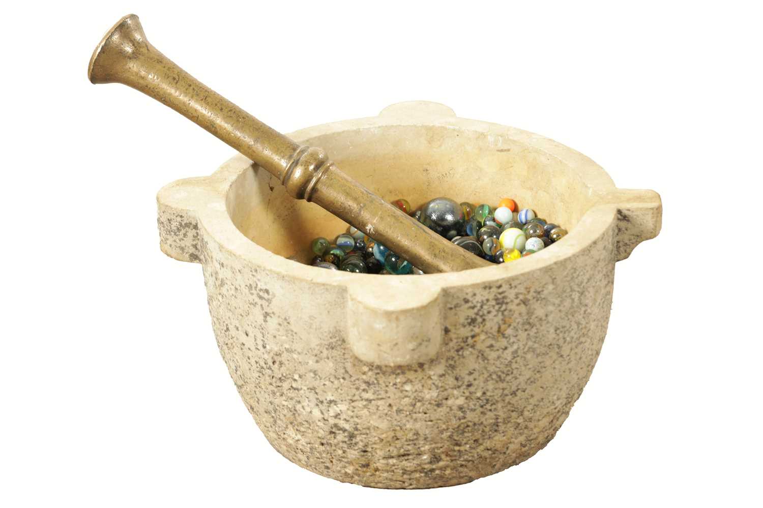 Lot 496 - A CARVED STONE MORTAR AND BELL METAL PESTLE