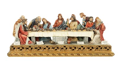 Lot 29 - A 20TH CENTURY CAPODIMONTE POLYCHROME PORCELAIN GROUP OF THE LAST SUPPER