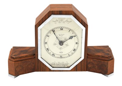 Lot 1261 - AN ART DECO 20TH CENTURY FIGURED WALNUT MANTEL CLOCK BY ELLIOTT