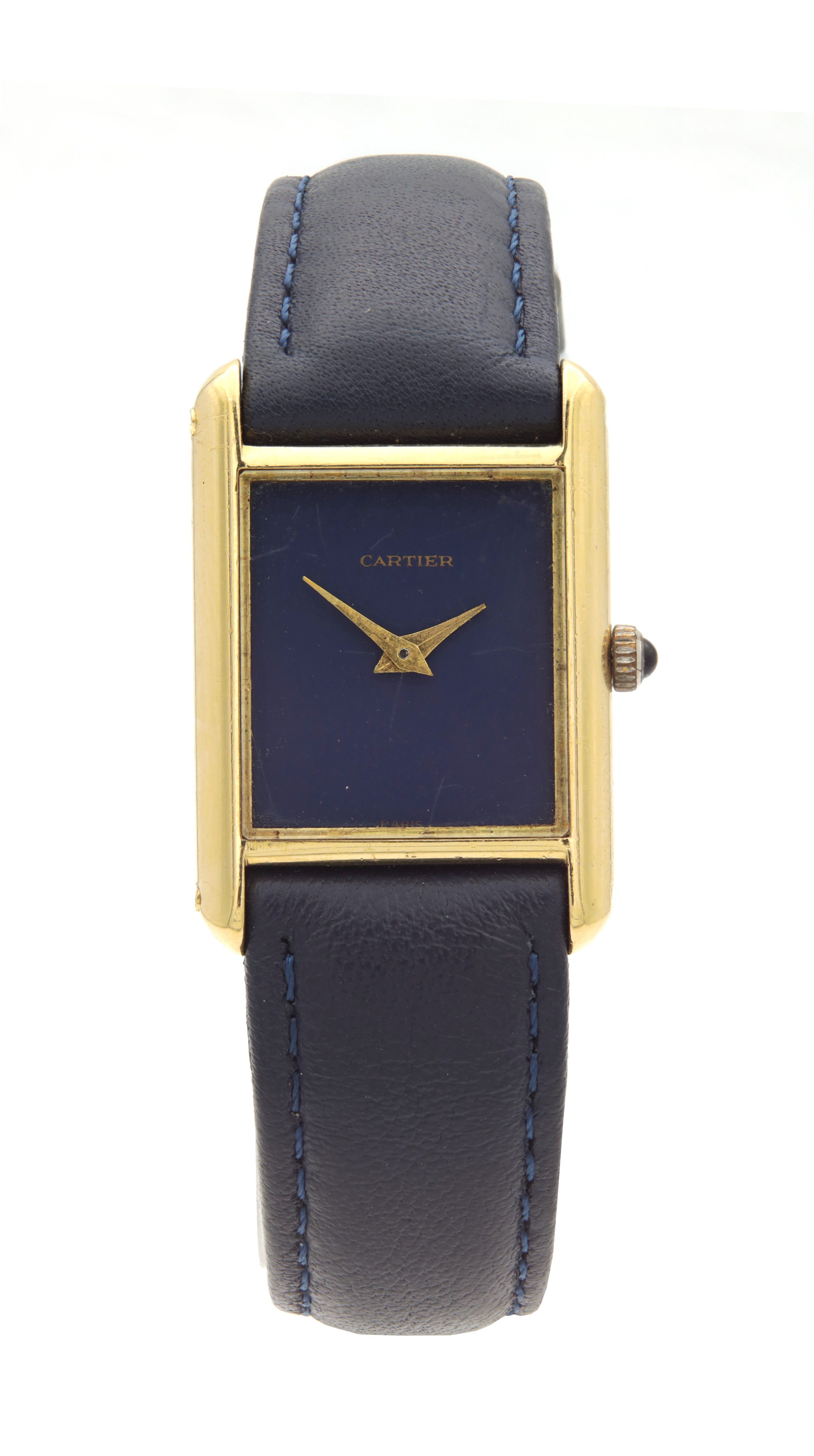 Vintage 18ct gold Cartier Tank with simulated lapis blue dial and blue leather strap, Lot 1220