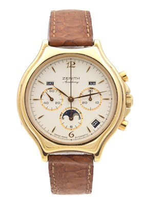 Lot 1208 - A GENTLEMAN'S GOLD PLATED AUTOMATIC ZENITH ACADEMY TRIPLE CALENDAR CHRONOGRAPH WRISTWATCH