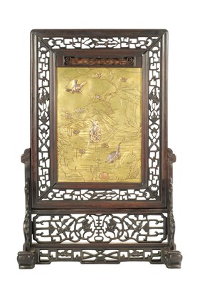 Lot 583 - A 19TH CENTURY CHINESE HARDWOOD SCREEN WITH JAPANESE BRONZE MIXED METAL PANEL
