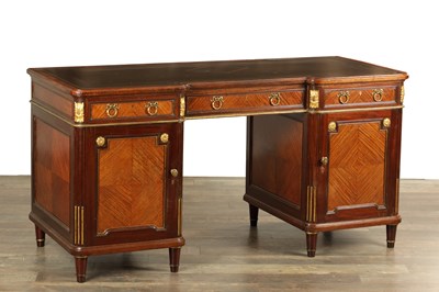 Lot 1528 - A 19TH CENTURY FRENCH MAHOGANY AND SATINWOOD PEDESTAL DESK